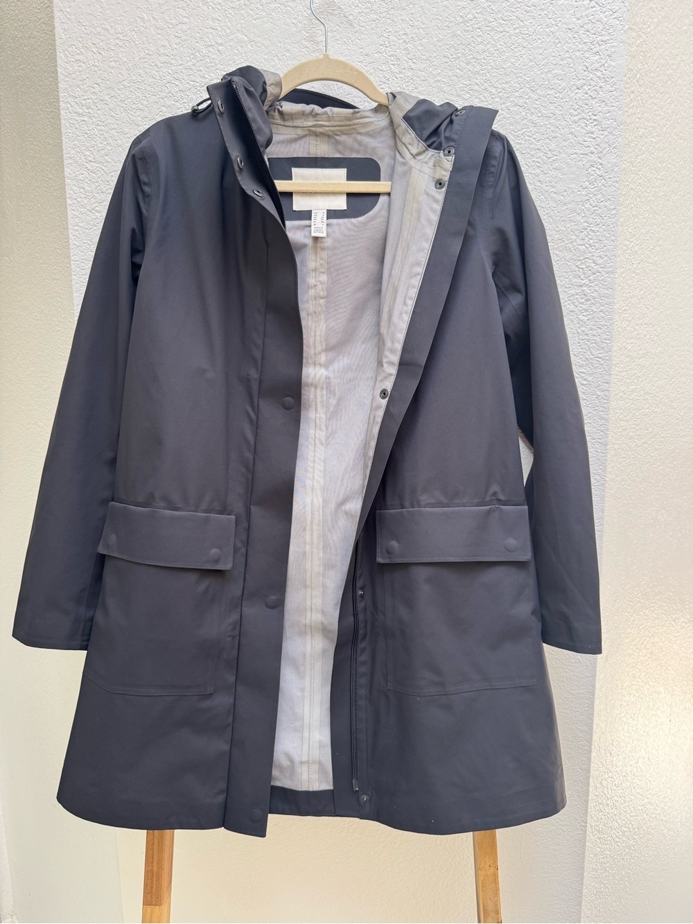 Lands' End Black Hooded Trench Coat With Magnetic Pocket Flaps